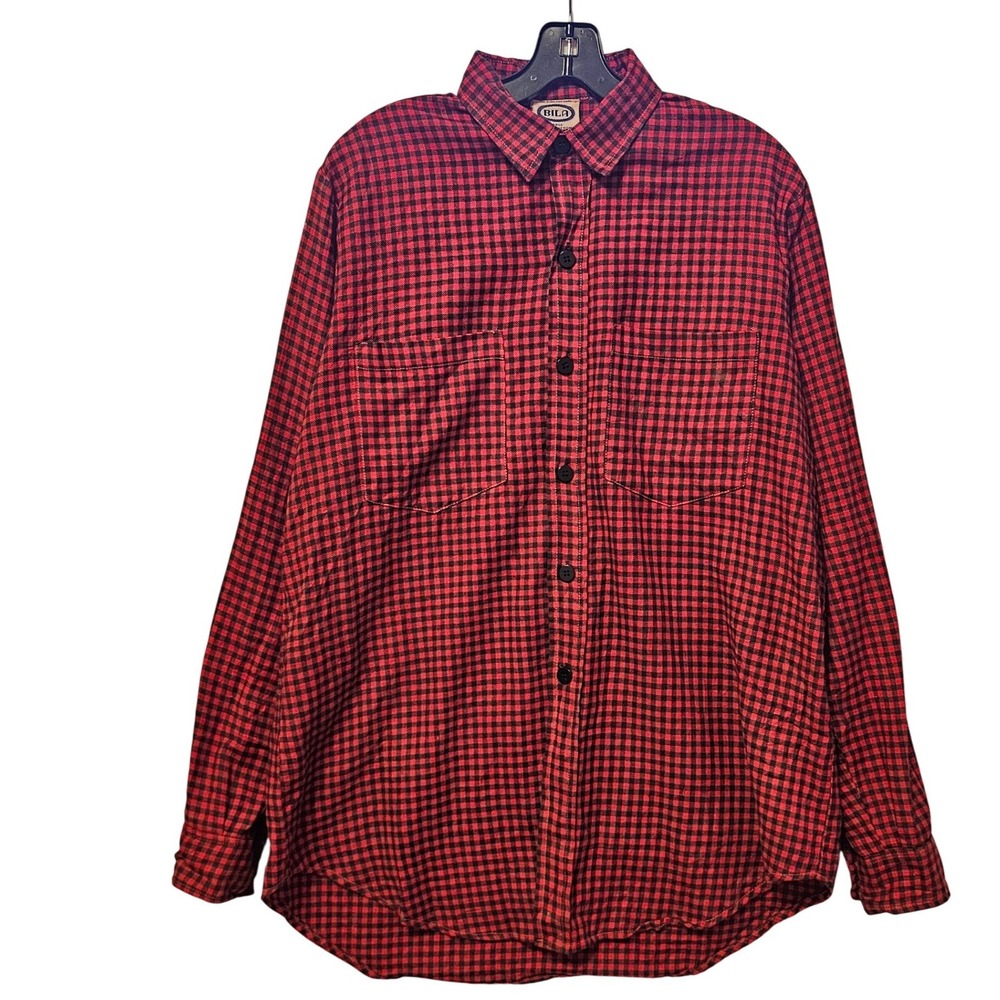 Bila Mens Vintage Red Black Gingham Check Cotton Long Sleeve Button Down Shirt L